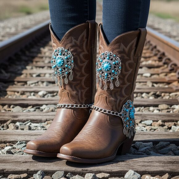 Women 2PCS Silver Metal Boot Chain Bracelet Shoe Anklets Turquoise Flower Ethnic - Picture 6 of 17